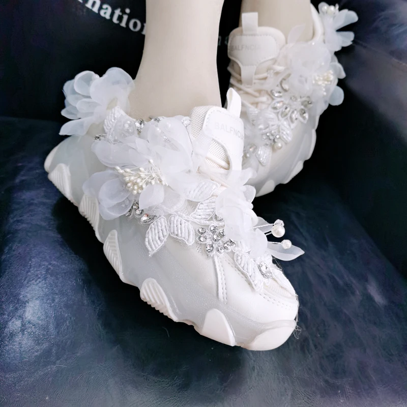 New spring women\'s shoes versatile casual sports shoes hand made customize bride comfortable sneakers lace flowers 5cm heel