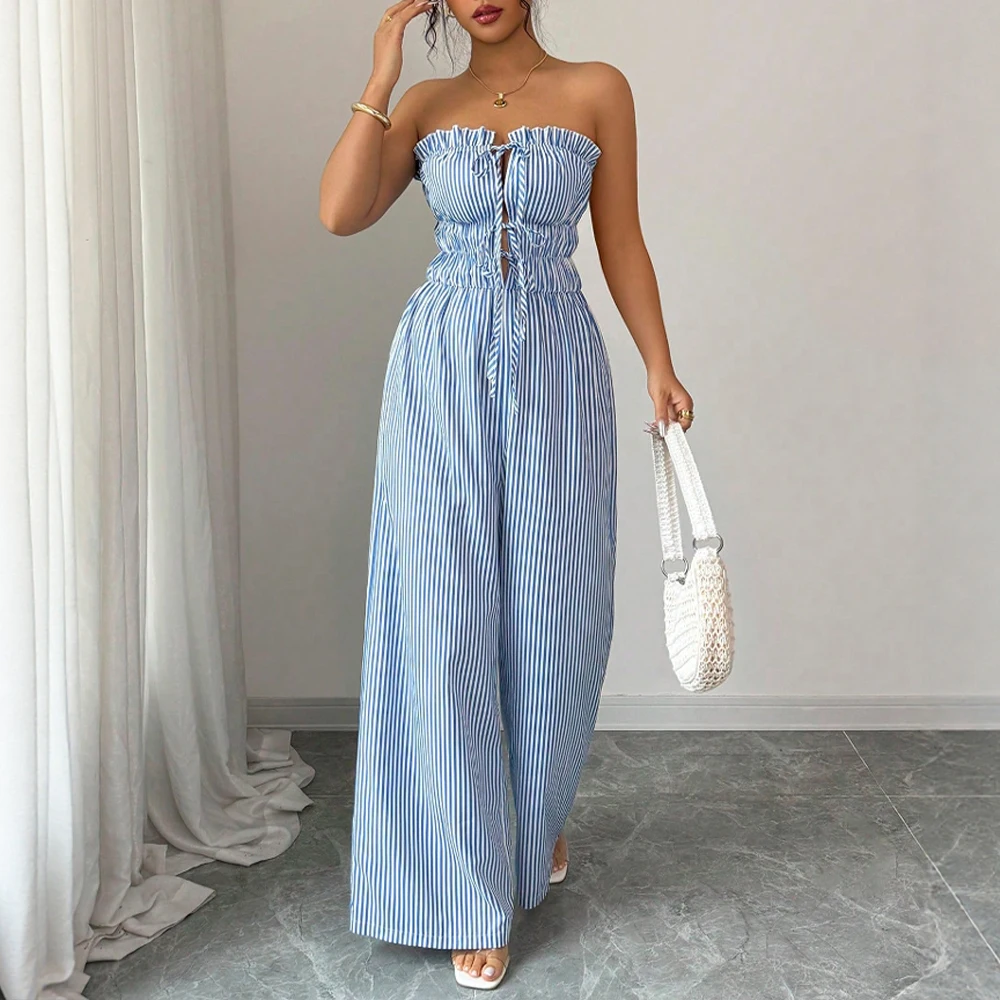 

Mia Muse Women's 2025 Summer Jumpsuits Decent Stripes Lace-Up Sleeveless Sweetheart Neck Full Length Wide Leg Jumpsuits