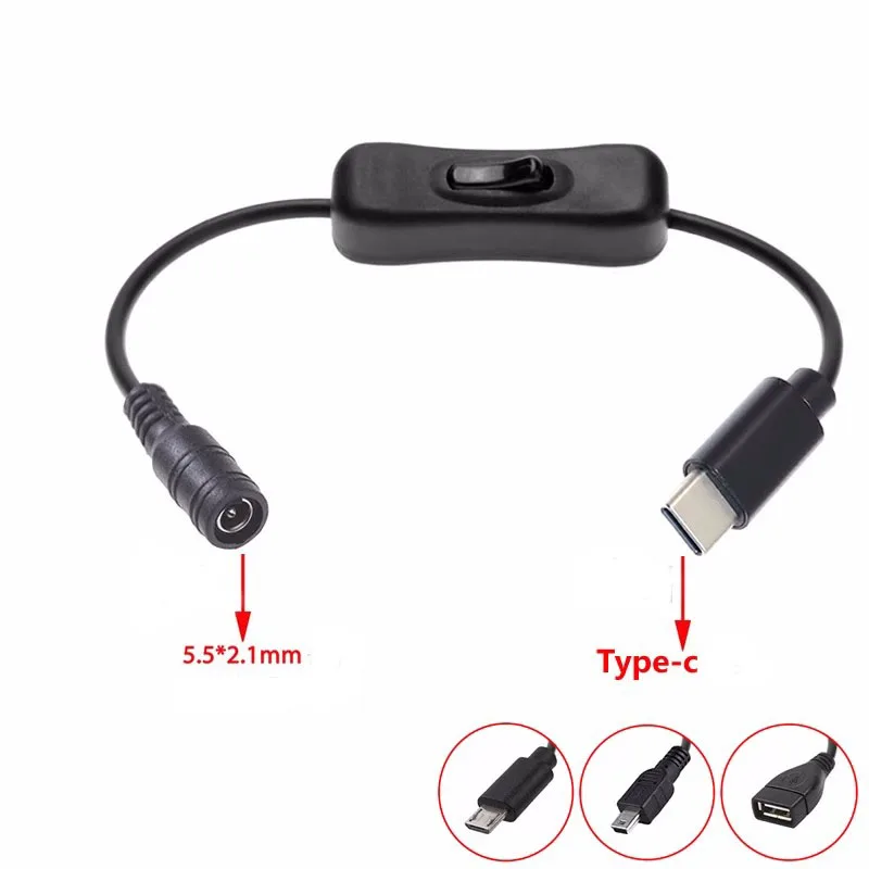 5.5*2.1mm DC Power Plug Waterproof Jacket Female To Micro USB / Mini USB / Type C Male Adapter Cable Tape switch