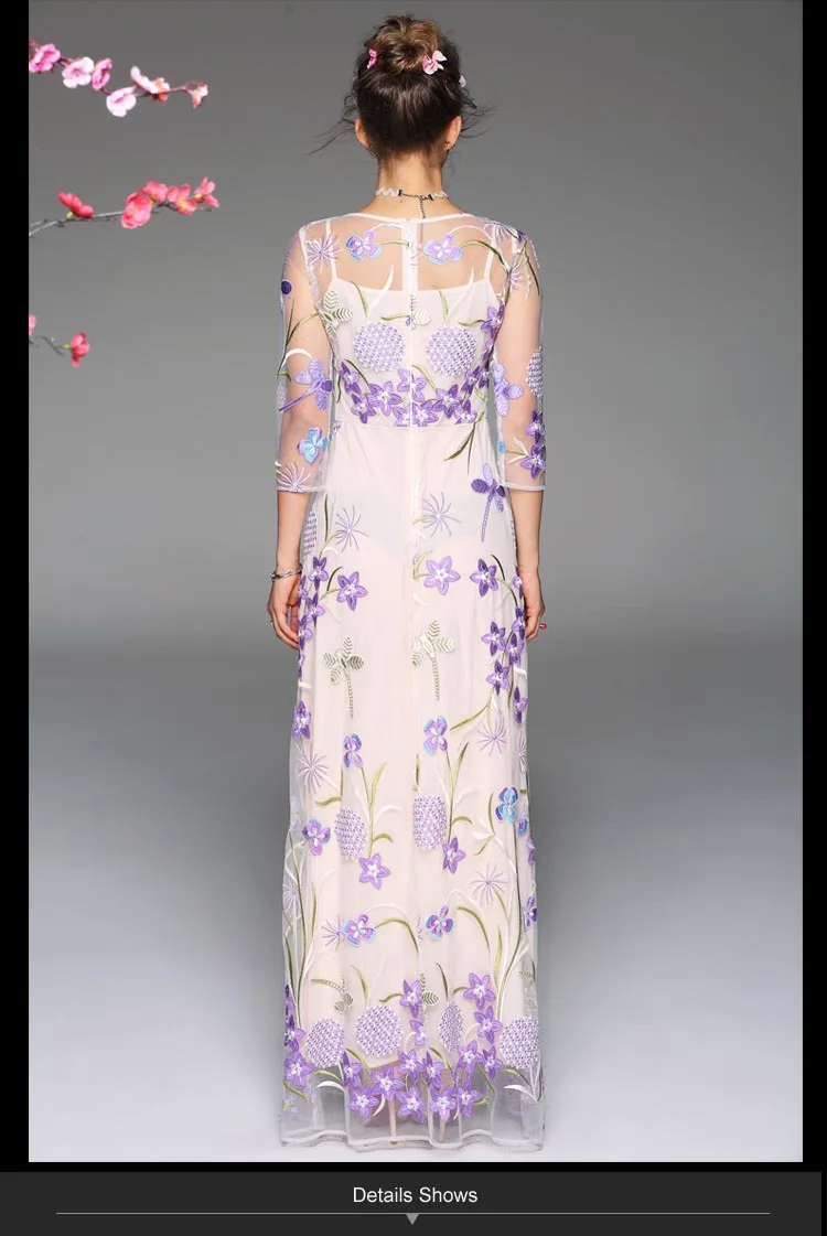 Women's O Neck 3/4 Sleeves Embroidery Tulle Laid Over Floral  Elegant Maxi Runway Dresses