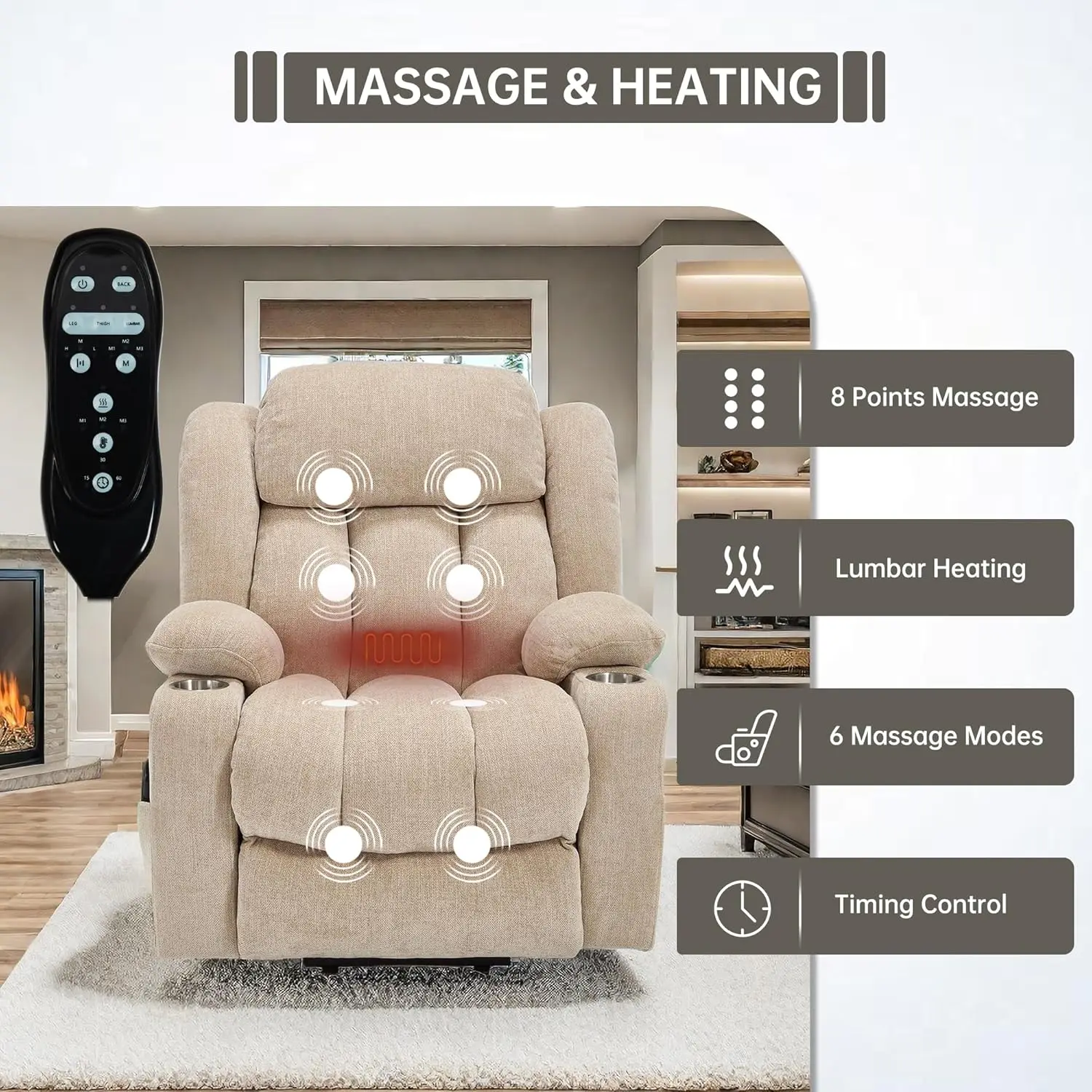 Beige Chenille   Lift Recliner with Stand Aid Heat Therapy Massage Remote Control USB   Port Cup Holder Assistance La