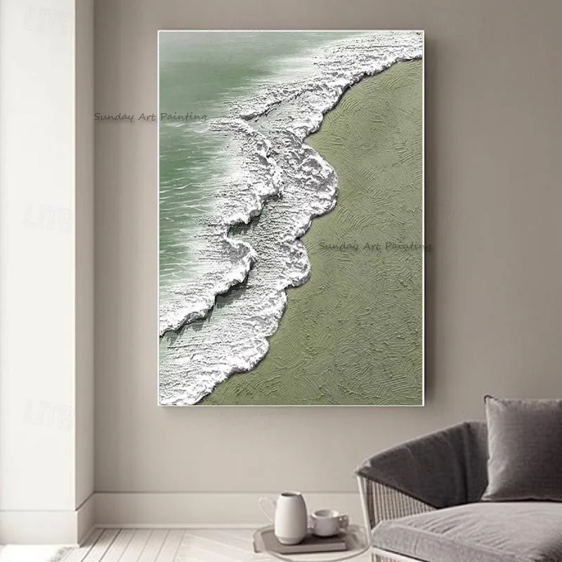 

Green Beige Seaside Canvas Thick Oil Painting Handmade Green White Artwork New Navy Blue Sea Sunset Wall Art For Home Decor