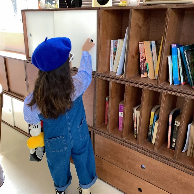 أزياء الفتيان الفتيات قميص مخطط المرقعة بذلة الدنيم 2025 الربيع بأكمام طويلة الاطفال فضفاض رومبير الأطفال وزرة