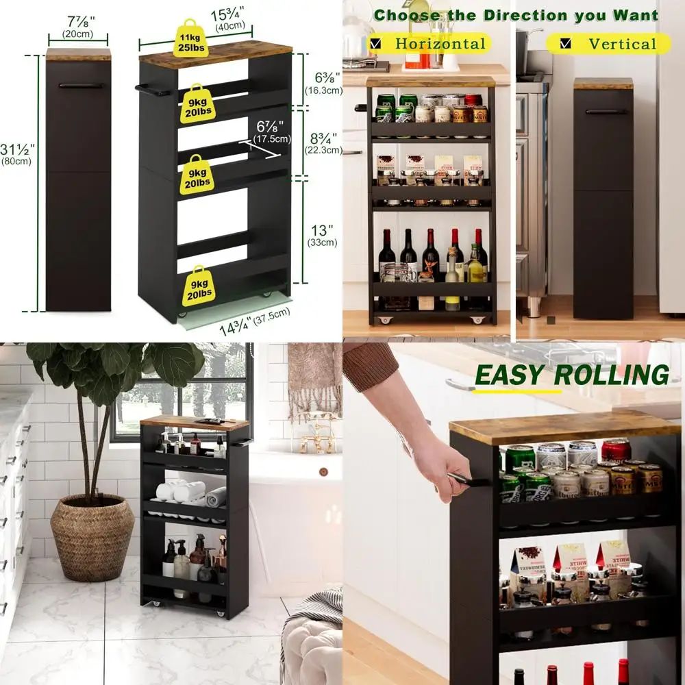 

4-уровневая тележка на колесиках с ручкой, мобильный органайзер для кухни и стирки черного и коричневого цвета, тонкий дизайн