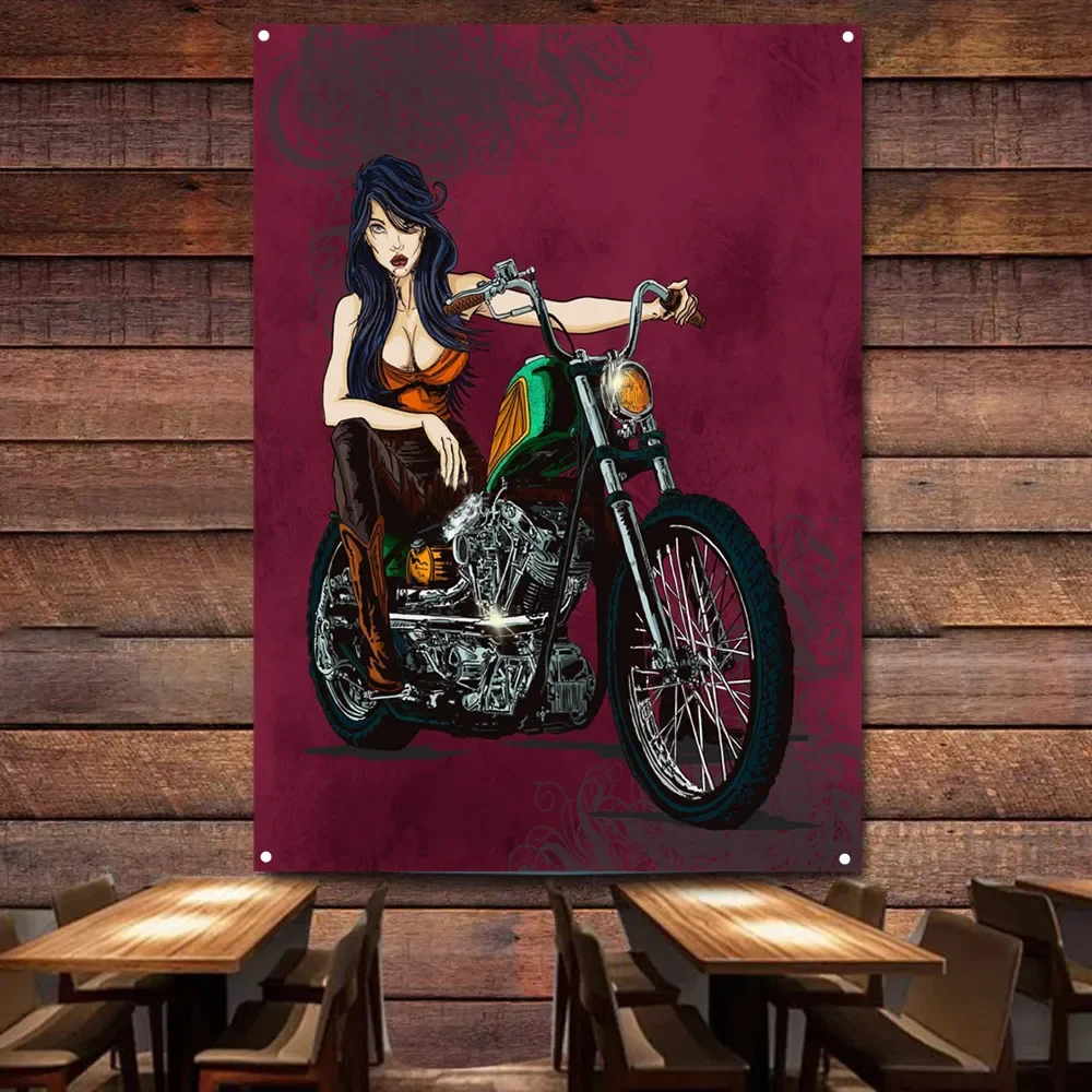 

Female Motorcyclist Art Poster Wall Hanging Painting Garage Flag Auto Repair Shop Gas Station Wall Decor Banners Home Tapestry