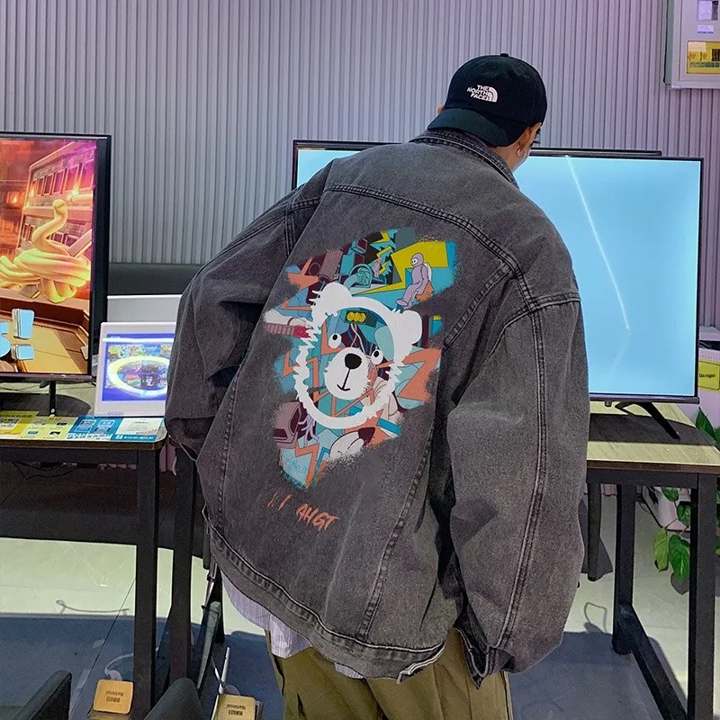 

Retro Loose Casual Men's Denim Jaet Autumn New Sle American High Street Violent Bear Trendy Brand Student Top