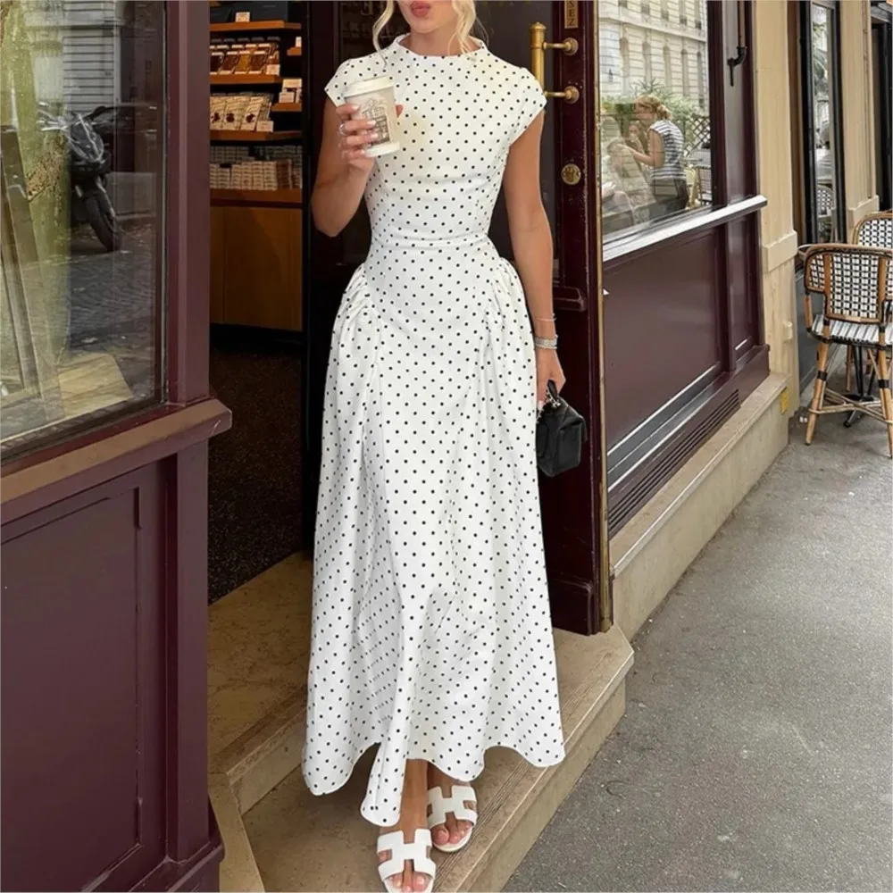 Summer Printed Polka Dot Women's Short Sleeve High Waist Dress 2026 New Fashionable Waist Elegant Female Party White Max Dresses view 4