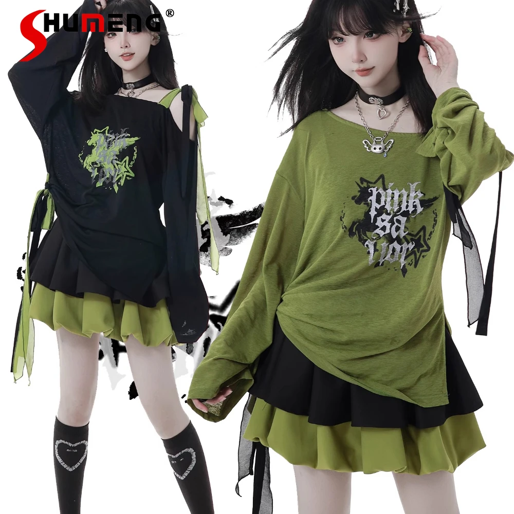 

Милые крутые субкультуры в консервативном стиле с открытыми плечами и длинными рукавами на шнуровке с бантом, повседневные топы с высокой талией, мини-юбки, комплект из двух предметов для женщин