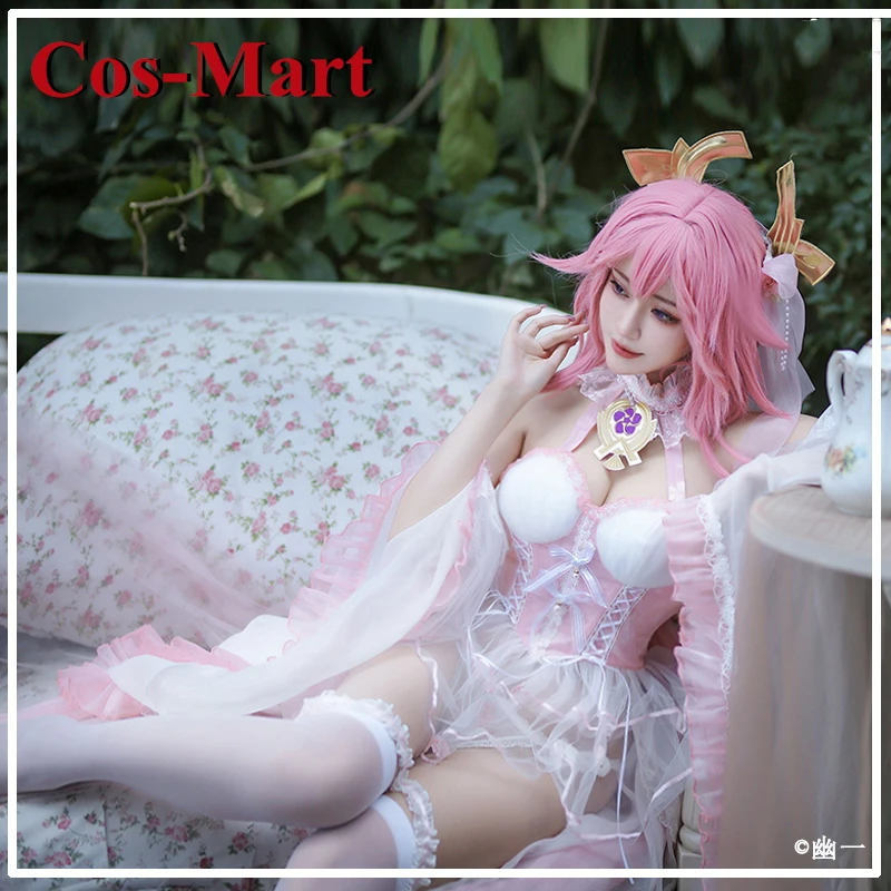 Cos-Mart New Game Genshin Imapct Yae Miko Cosplay Costume Sweet Pink flower Wedding Activity Party Role Play Clothing