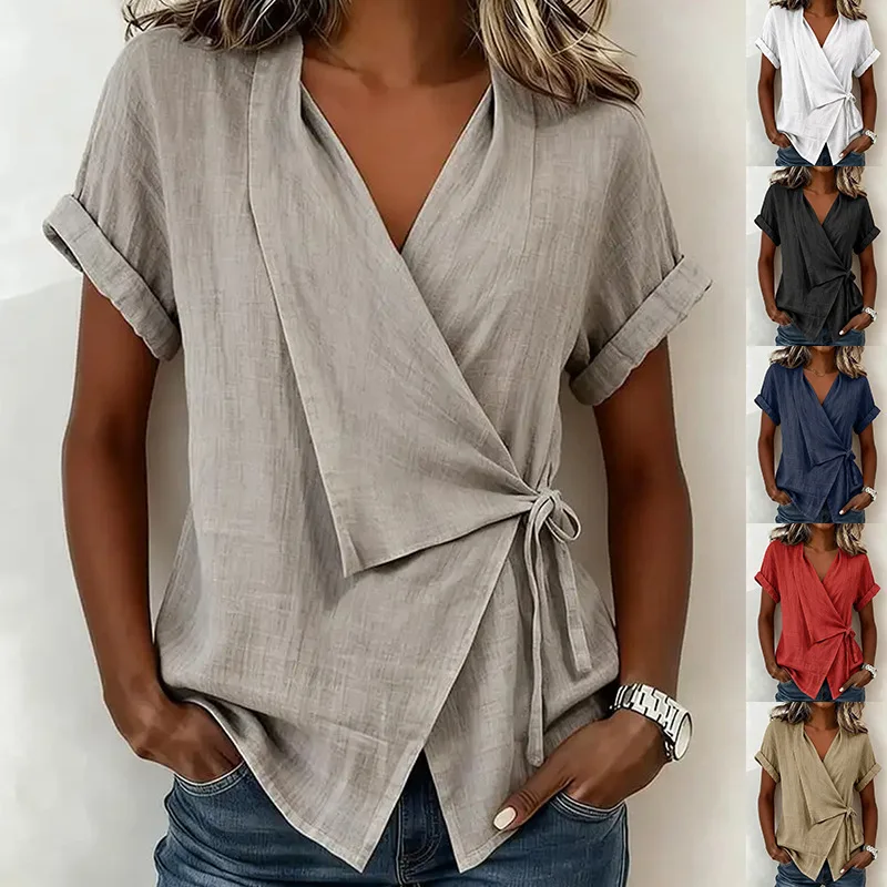2026 Summer Women Cotton Linen Wrap Blouse V Neck Short Sleeve Tie Waist Casual Solid Color Loose Shirts Tops