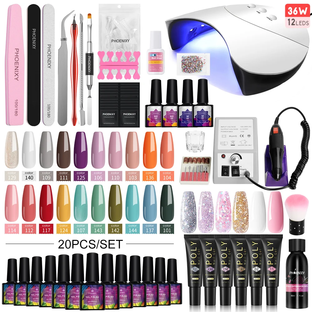 

Full Maicure Set 20 Colors Gel Nail Polish with 36W Nail Lamp Quick Extension Gel Set Poly Nail Gel Complete Nail Art Tools Set