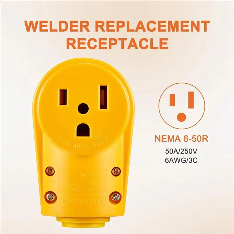 [NEWA08R】 NEMA 6-50R 250V 50 Amp 3-Prong Receptacle Female Plug, Yellow Color, Easy Unplug, Heavy Duty Welder Design, US Standar