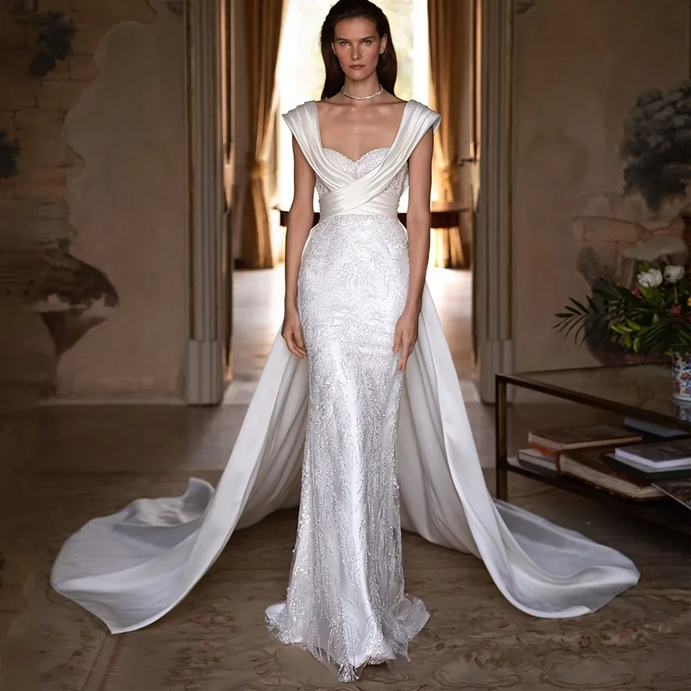 Sweetheart Beaded Mermaid Wedding Dress Floor Length Sleeveless Pleated Satin Cape High Quality Bridal Marriage Gownفستان الزفاف