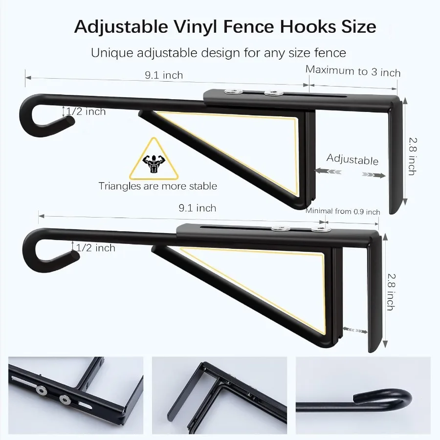 خطافات سياج من الفينيل 0.93 قابلة للتعديل للنباتات المعلقة فوق شماعات نباتات سياج الدرابزين في الهواء الطلق فولاذ مطلي باللون الأسود شديد التحمل #2