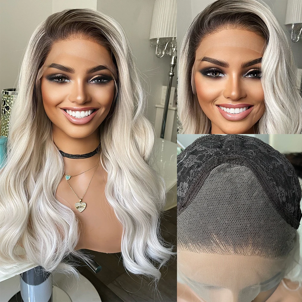 Ombre peruca dianteira do laço branco com raízes escuras resistente ao calor perucas sintéticas realista natural linha fina estilo livre uso diário cosplay