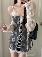 Summer Sling Dress Sexy Slim Fit Lace Up Bodycon Dress Floral Long Sleeve Cardigan Tops New Matching Set Korean Style Mini Dress