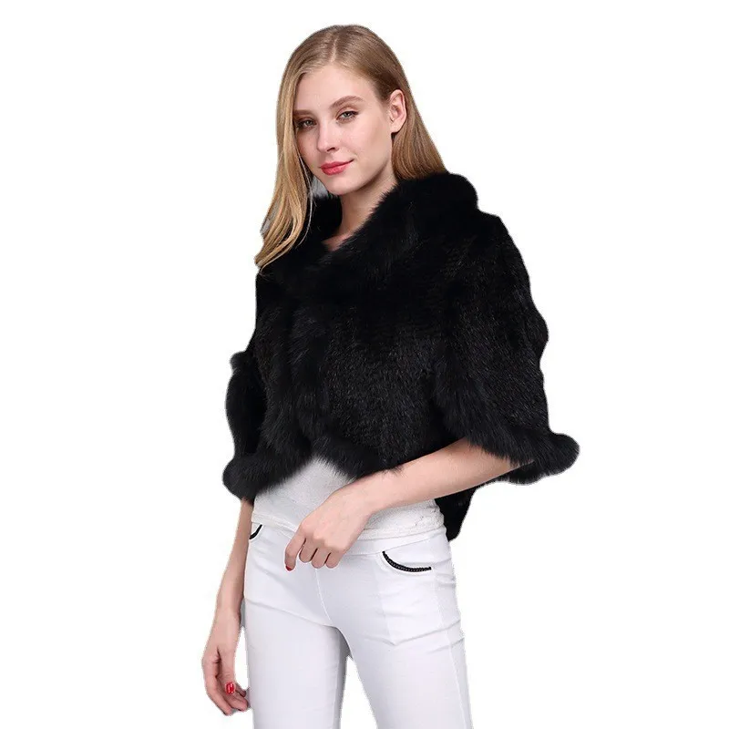 2025 New Women Winter Real Genuine Knitted Mink Fur Shawl Wrap Cape scarf with Fox fur collar mink Coat