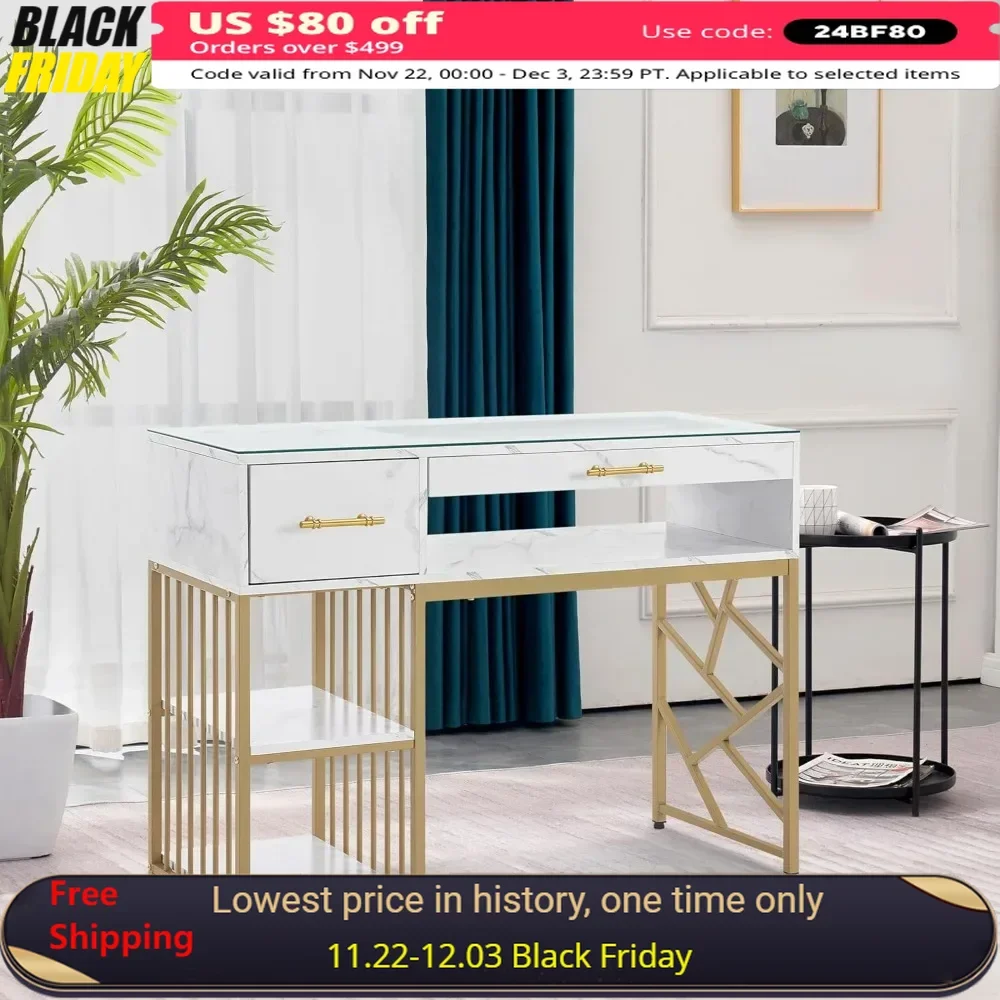 Manicure Table with Drawers, Texture Nail Desk with Storage Shelves, Glass Top, Beauty Salon Nail Station, Manicure Table