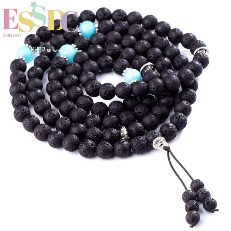 

Hand Made Buddhist Prayer 8mm Natural Black Volcanic Rocks Stone 108 Mala Beads Bracelet Essential Oil Meditation