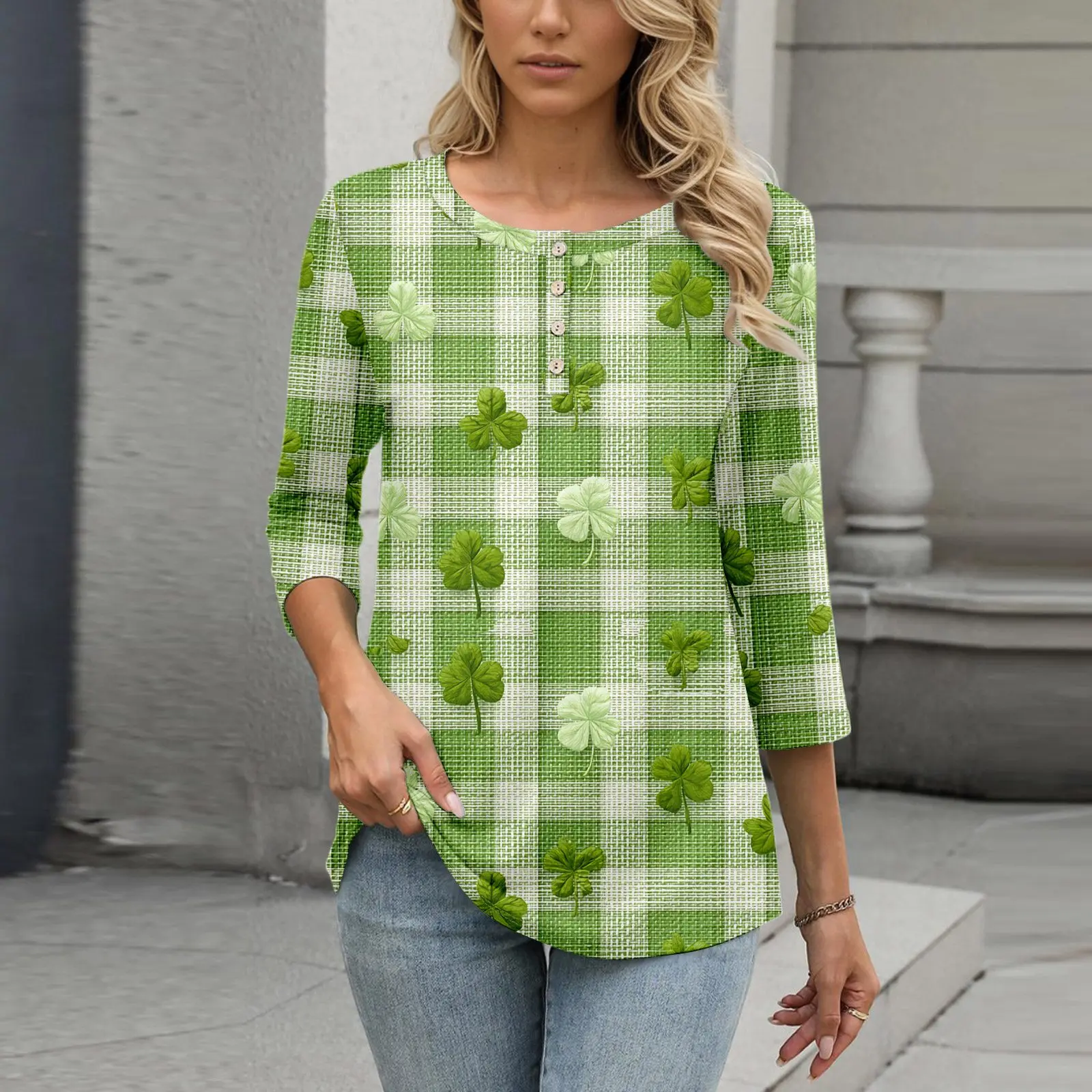 

Saint Patrick's Day Ladies Casual Round Neck Tops Fashionable Women Print Shirt Tops Female Three-Quarter Sleeve T-shirt Top