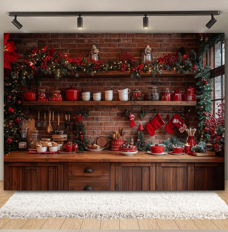 Wood Red Cabinet Photography Backdrop Christmas Kitchen Bread Xmas Tree Decor Kids Adult Family Portrait Background Photo Studio