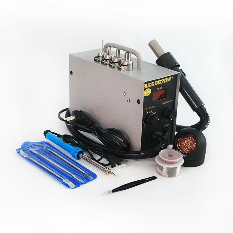 Soldering station QUICK-857DW+ SMD SMT electric soldering iron 40W with 0.6mm solder wire desoldering wick ESD tweezer opening t