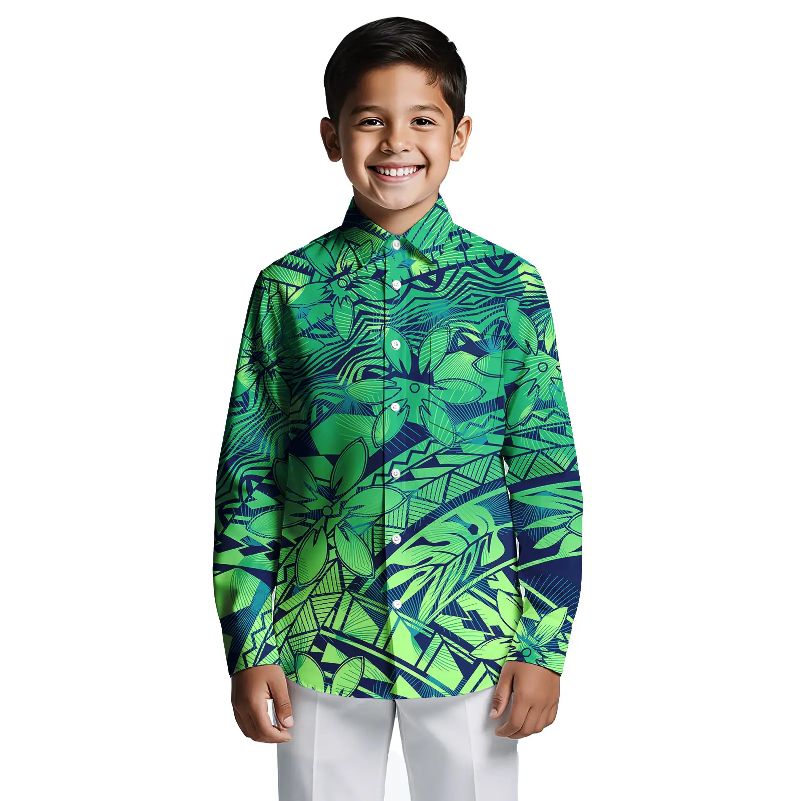 

Custom Print on Demand Boys Beach Tropical Hawaii Shirt Boy Polynesian Tribal Button Down Aloha Long Sleeve Boys Shirts