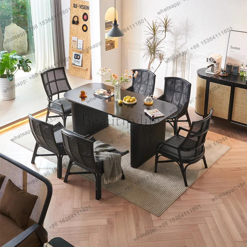 

Nordic solid wood dining table modern simple black long table combination household small apartment