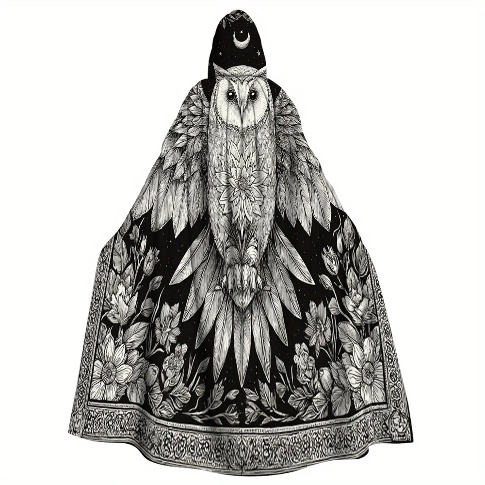 Hooded Cloak Resembling a Night Sky with Feathered Owl Design Made from Stretchy Lightweight Machine Washable