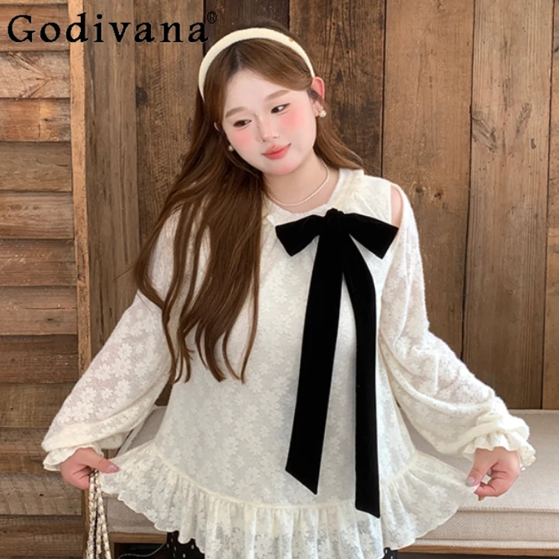 Женская бежевая ранняя осень большого размера, новая элегантная кружевная шифоновая рубашка, модный универсальный возрастной бант, свободный топ с длинными рукавами Женская бежевая ранняя осень большого размера, новая элегантная кружевная шифоновая рубашка, модный универсальный возрастной бант, свободный топ с длинными рукавами