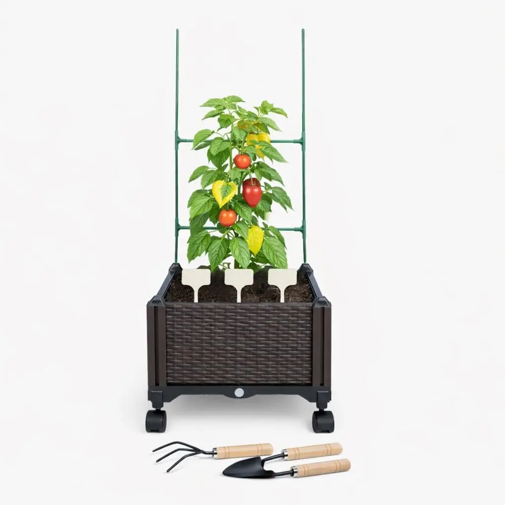 Sherbo Raised Garden Bed Planter Box on Wheels with Trellis, Rattan Style Raised Planter for Outdoor Plants, Compact Mob