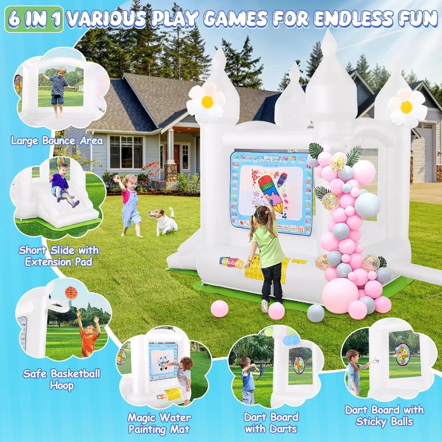White Bounce House Indoor Outdoor for 2-8 with Balloons Magical Water Canvas Dart Target Balls Bar Dart SetBasketball 102x70x 97