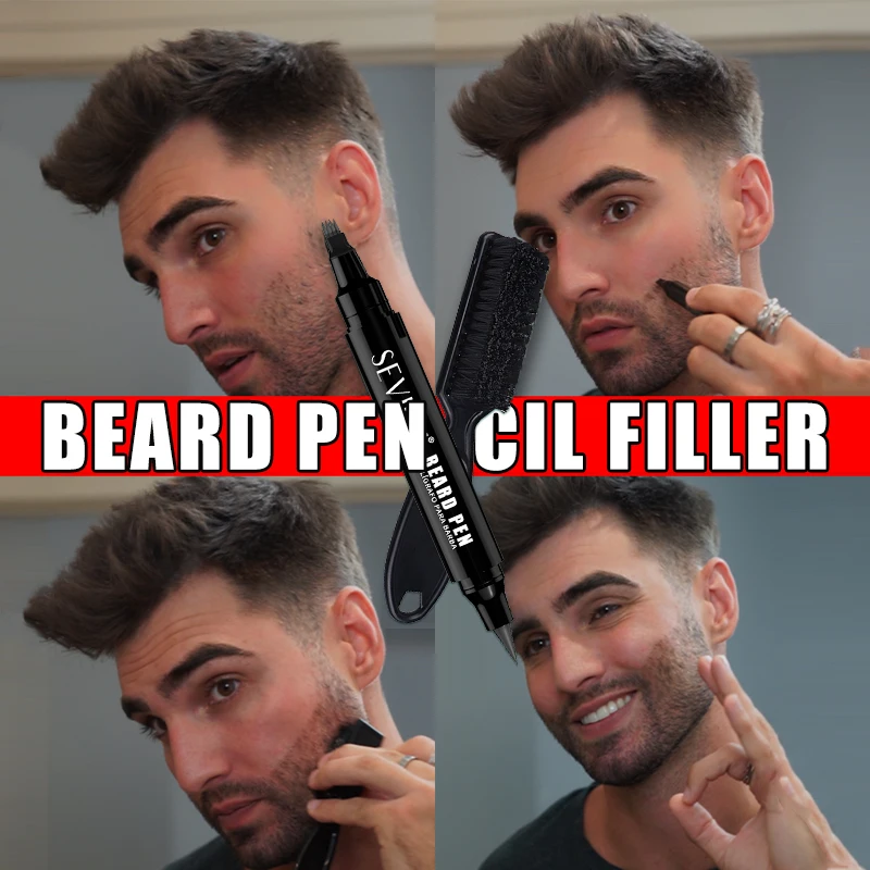 

Double Ended Beard Filling Pen with Brush Kit Waterproof Black/Dark Brown Four Prong Beard Filler Pencil Beard Stuffing Pen Men