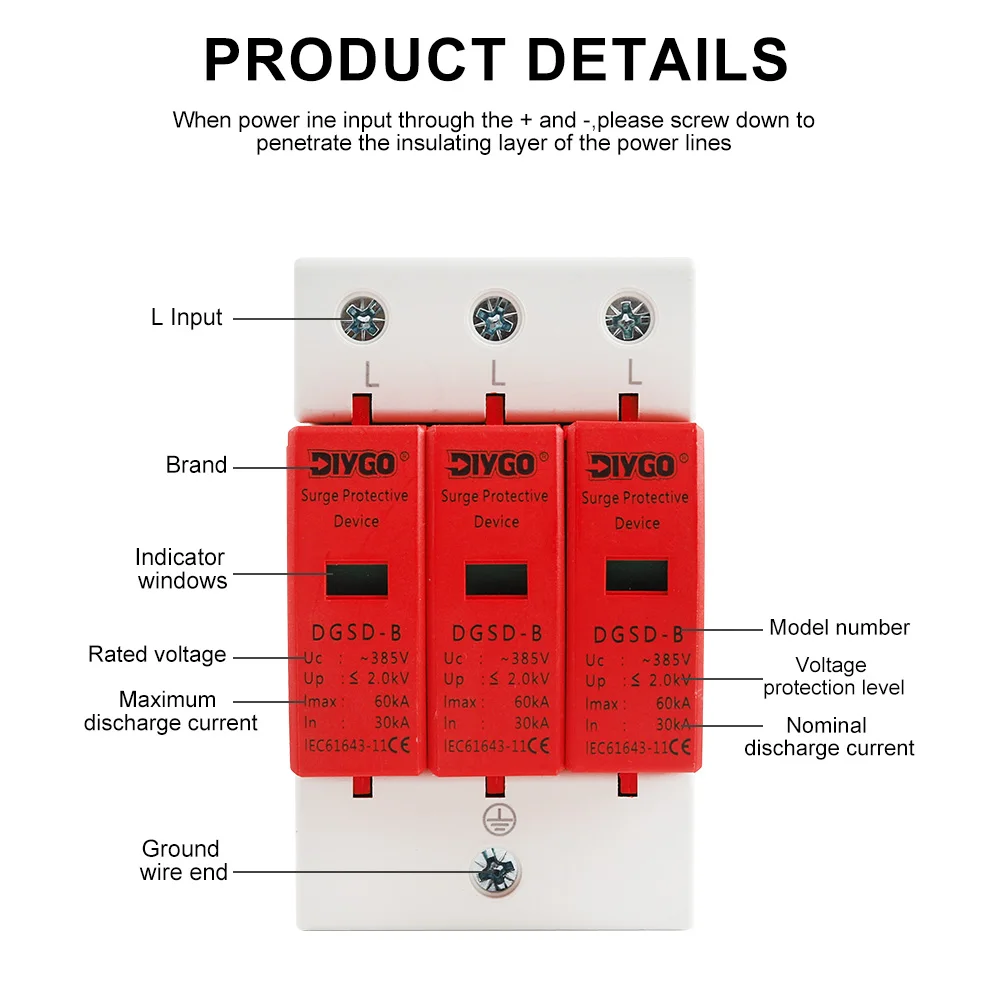 DIY GO AC SPD 3P House Surge Protector Protection Protective Low-voltage Arrester Device 10-20kA 20-40kA 30-60kA 385V