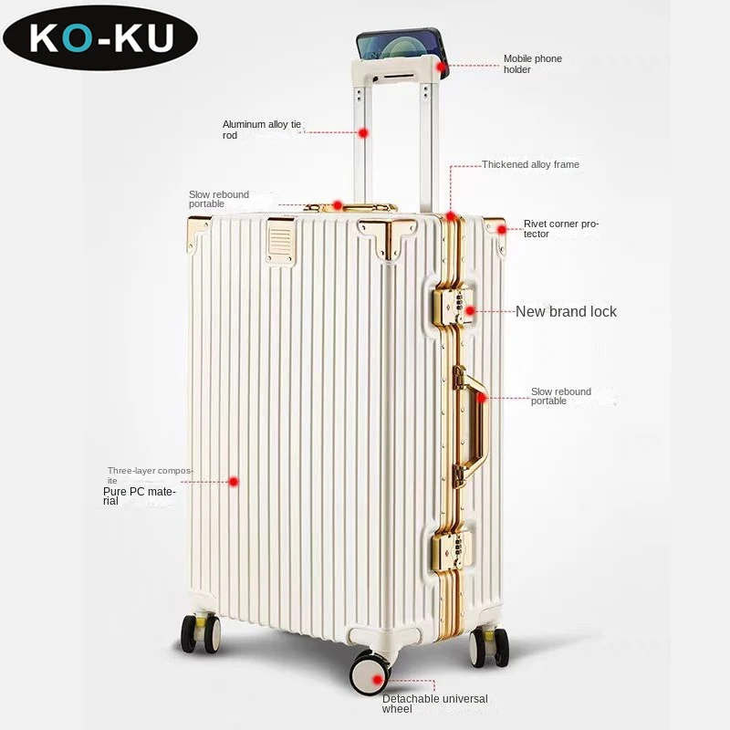 KO-KU Aluminium Frame Luggage 28\'\' Large Size Suitcase Removable Universal Wheel Student Mobile Phone Holder Trolley Case