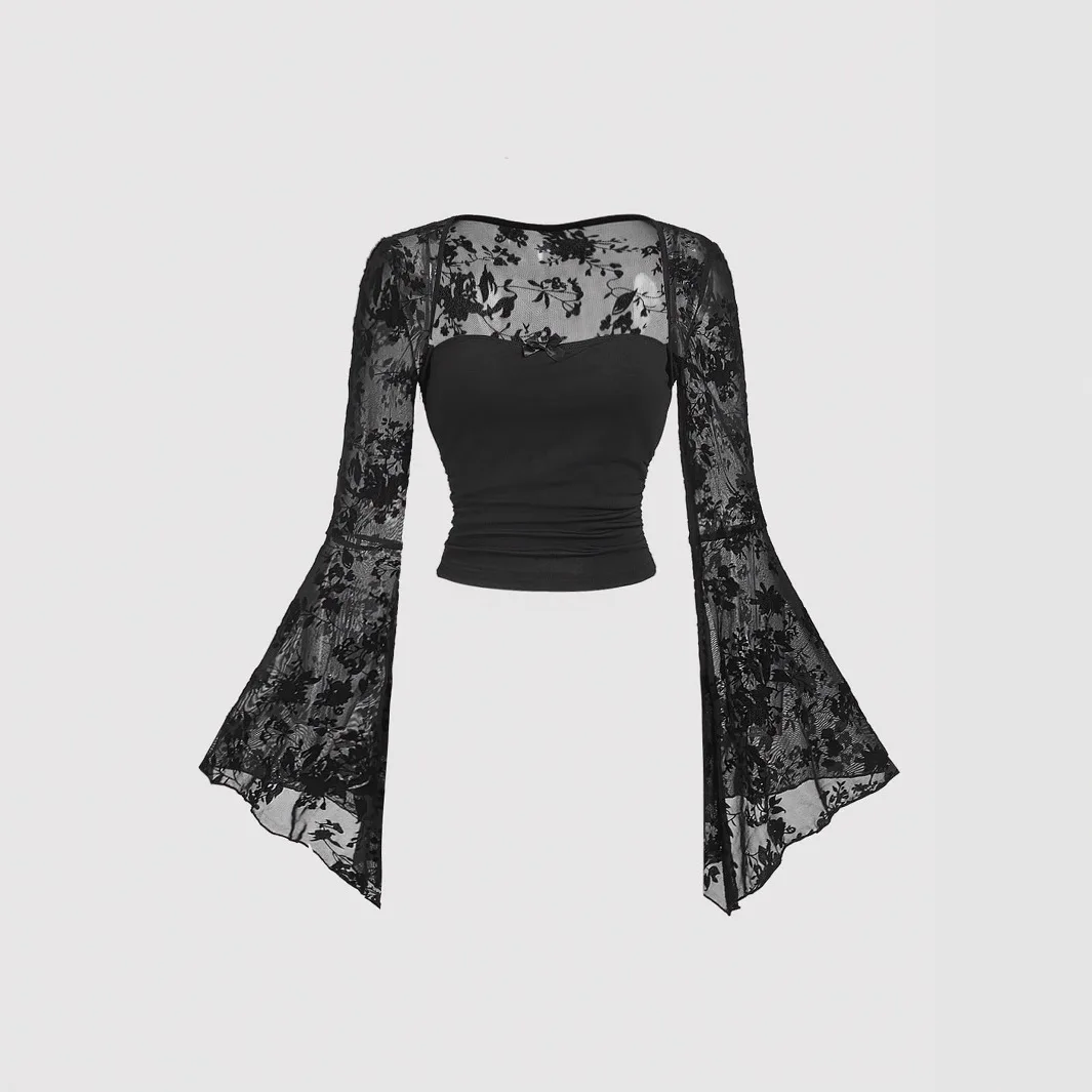 Camiseta Gótica Sexy de Encaje y Malla con Mangas Largas Acampanadas, Estilo Y2K Vintage, Negra Transparente, para Mujer, Estilo Grunge, Verano, Ropa Urbana