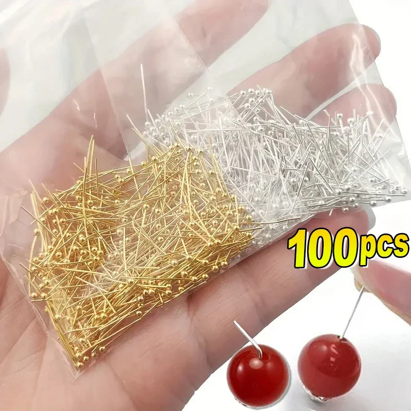 100 sztuk szpilki kulkowe ze stali nierdzewnej srebrne pozłacane szpilki z łbem do koralików gwintowanie tworzenia biżuterii DIY Craft akcesoria do rękodzieła