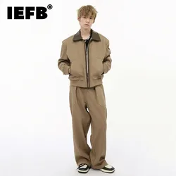 IEFB New Fashion Men's Suits Pu Leather Patchwork Turn-down Collar Loose Jackets Pleated Straight Wide Leg Trousers Chic 9C7705