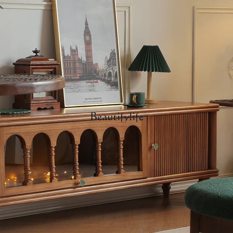 French retro solid wood TV cabinet American floor-to-ceiling white wood medium and ancient furniture