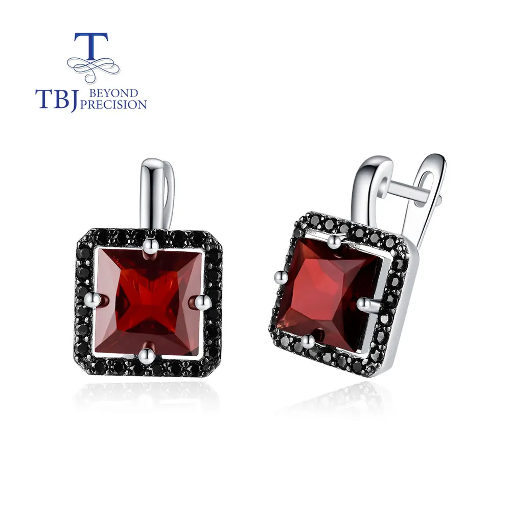 

925 sterling silver earrings natural Mozambique square 8mm Garnet gemstone fine jewelry for women‘s Anniversary and Banquet gift