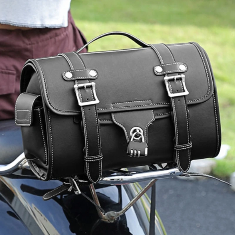 Motorcycle Rear End Hanging Bag Retro Waterproof Electric Vehicle Pedal Trunk Rack Rear Seat Bag Universal Combination Lock