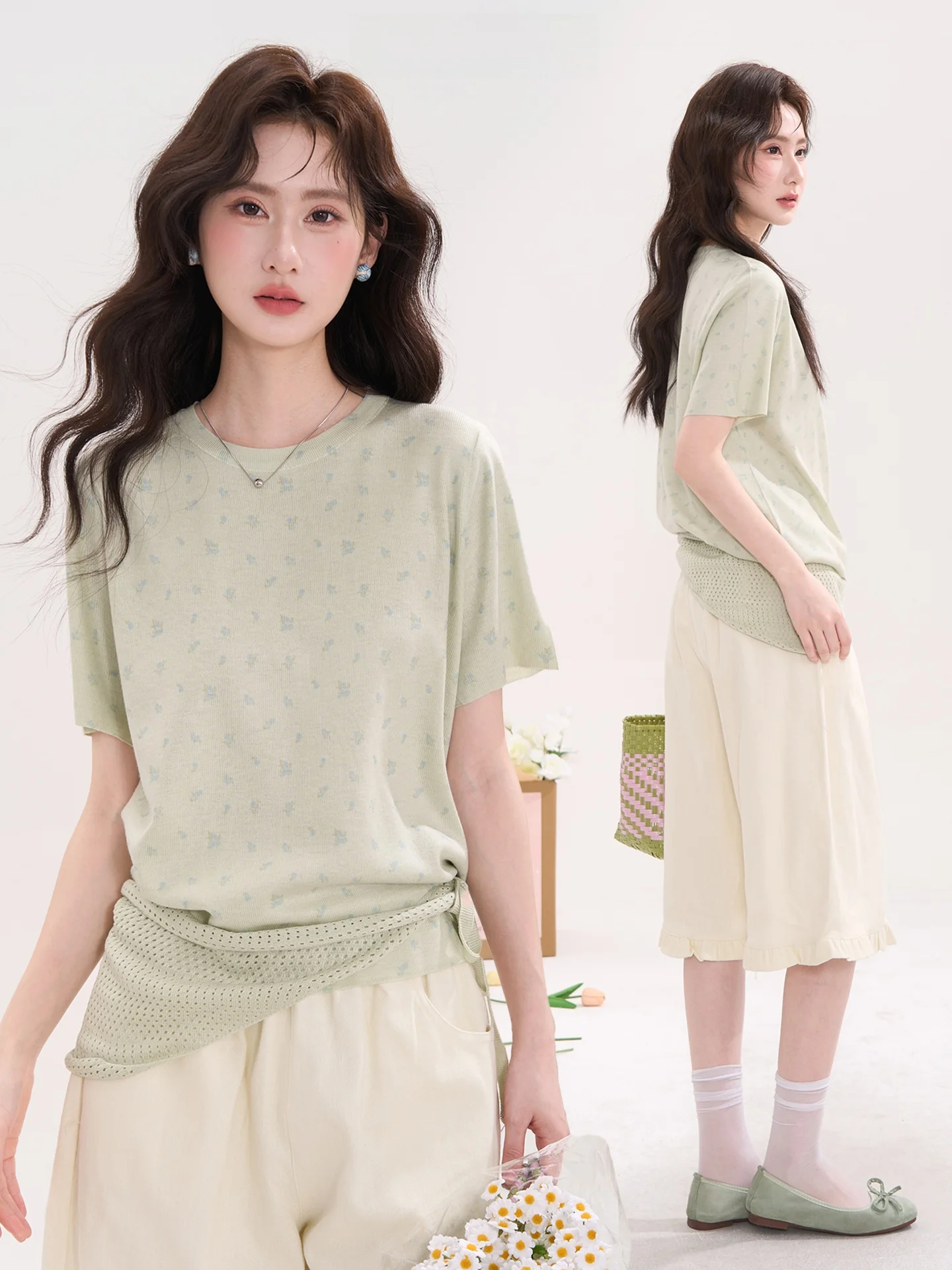 

Sweet Floral ort Sve Knitted Sweater Women's Summer oulder awl Top Heme Flower Field Window Korean Sle