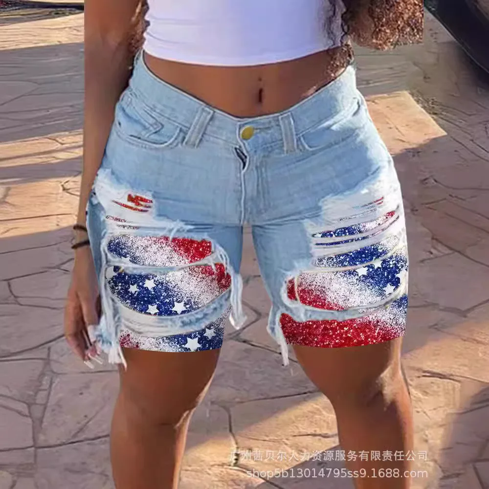 2025 American European Summer New Fashion Women's Slim Knee Length Hole Patched Denim Shorts Female Casual Trendy Denim Clothes