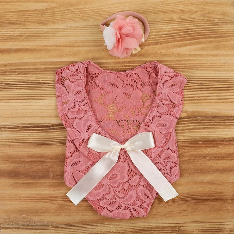 L5YF Baby Bow Lace Romper Headband Set Newborn Photography Props Bodysuit Jumpsuit with Flower Hair Band Infants Fotografie