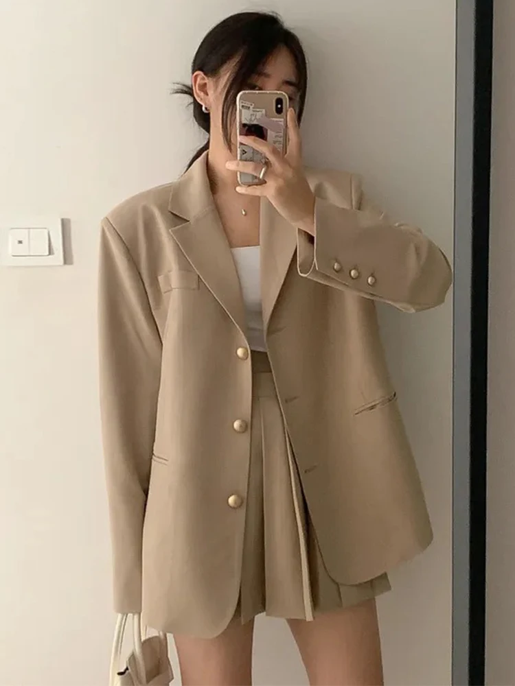Women Clothes Outfit Suits Casual Single Breasted Loose Coat Blazer Suit And High Waist Pleated Mini Short Skirt 2 Piece Set New