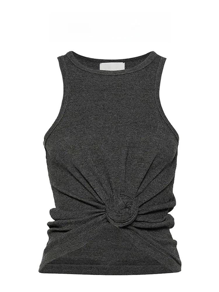Hot Girl Short Grey Sleeveless Knot Strap Vest Women Summer 2025 New Retro Outerwear Slimming Top Asymmetrical Straight Cut