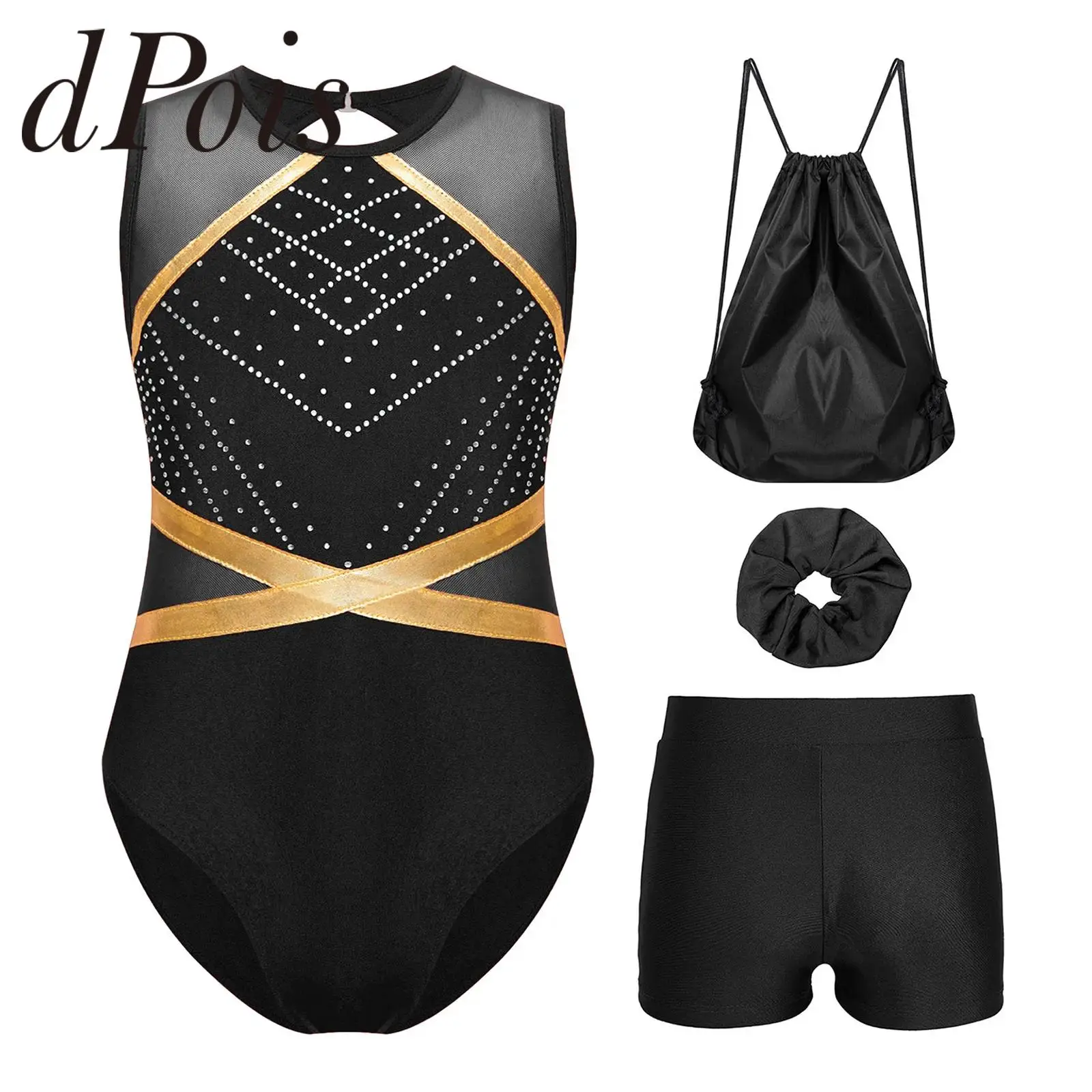 

Kids Girls Gymnastics Jumpsuits with Drawstring Backpack Shiny Rhinestone Figure Skating Bodysuits Ballet Dance Outfit Leotard
