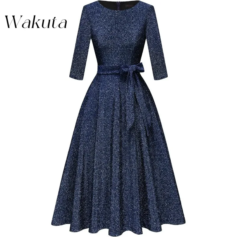 Wakuta Vintage Round Neck Regular Women's Cocktail Dresses Fashion Slim Bow Guest Christmas Vestidos De Fiestas Elegantes Mujer