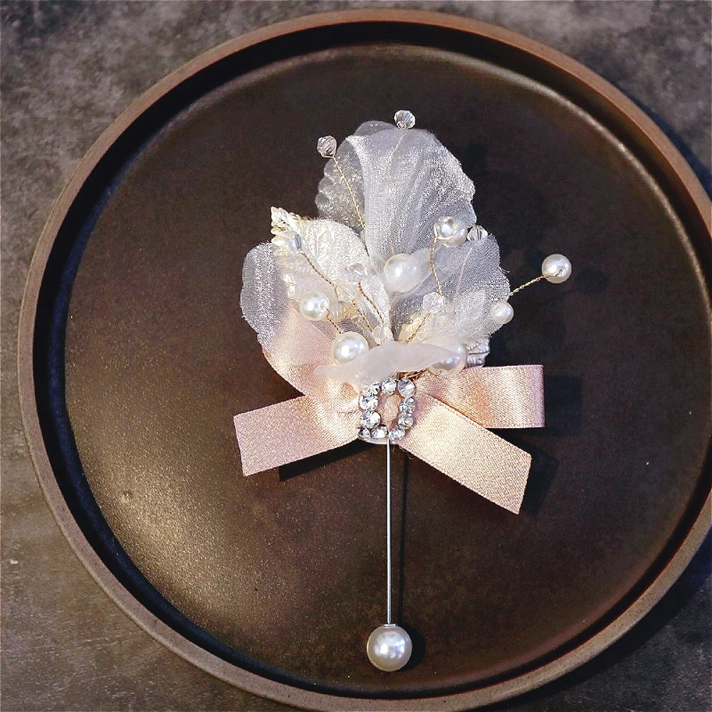 우아한 신부 손목 코사지 신랑용 부토니에 웨딩 커플 웨딩 액세서리 진주 장식 튤 꽃 결혼식 파티