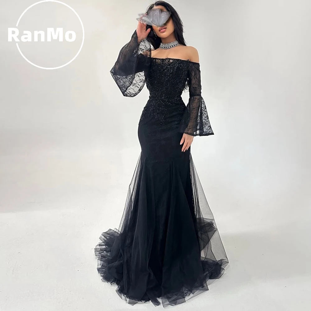 Ranmo Blcak Lace Prom Dress Off Shoulder Mermaid Beaded 2026 Wedding Guest Dress Tulle Women Formal Evening Gowns Customized